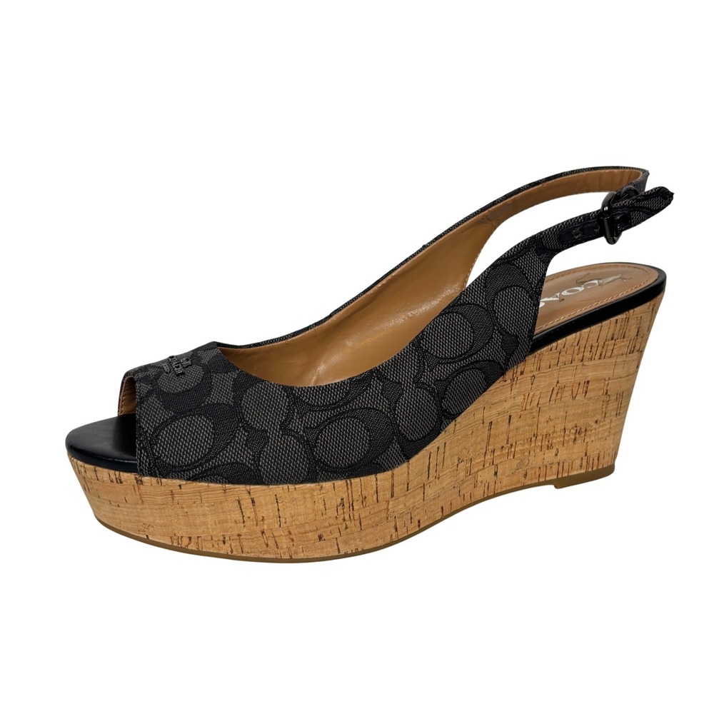 Coach Ferry Wedge Sandals Black Signature Jacquard Cork Platform Slingback sz 10